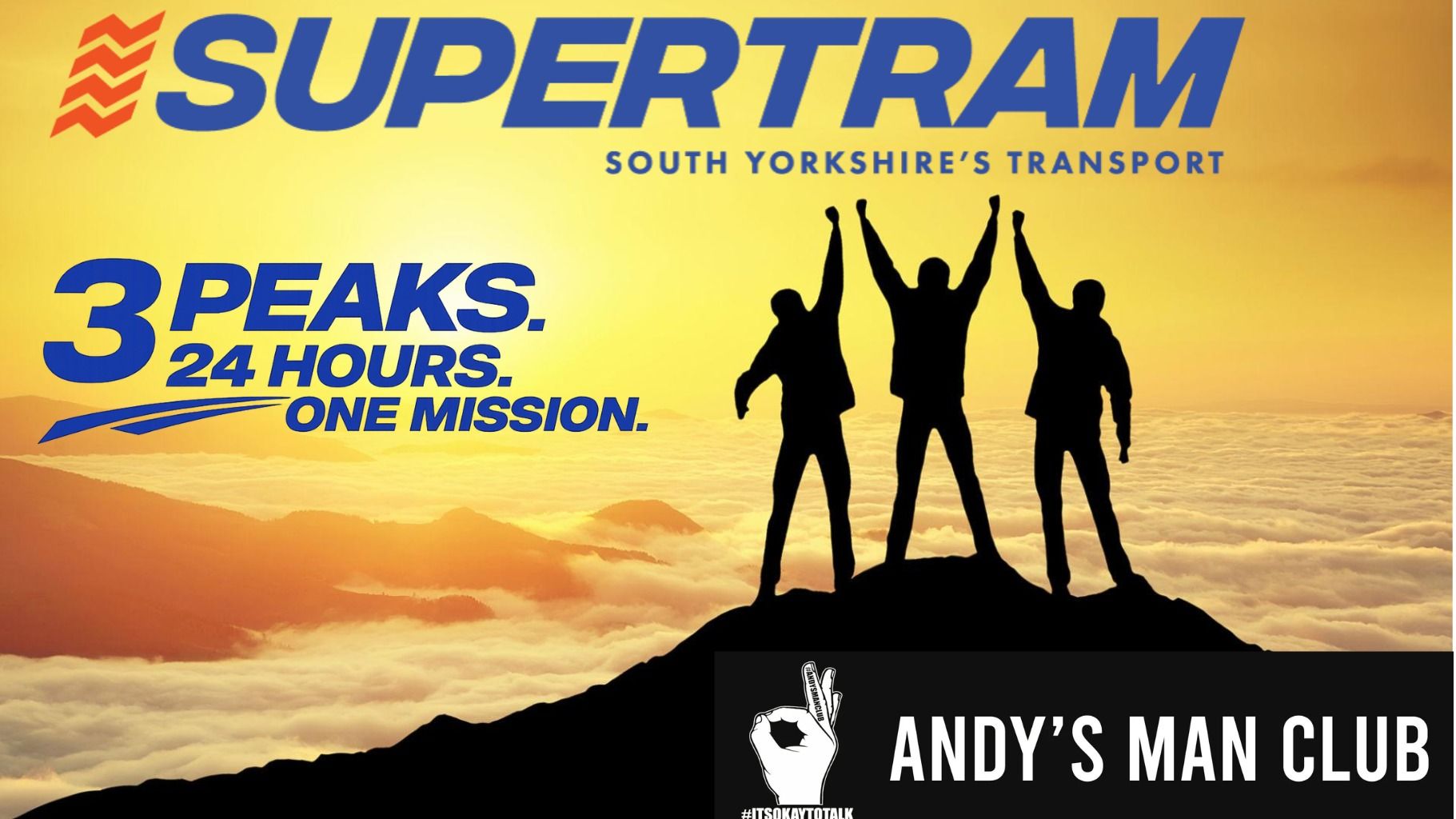 Supertram 5 lads. 3 mountains. 24 hours. Raising funds for Andy's Man Club because it's okay to talk. 🏆 Plus £300 in Amazon gift cards up for grabs!