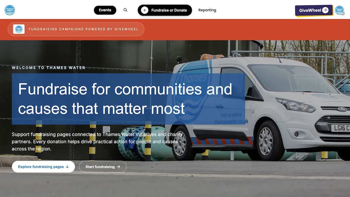 Thames Water fundraising dashboard on GiveWheel